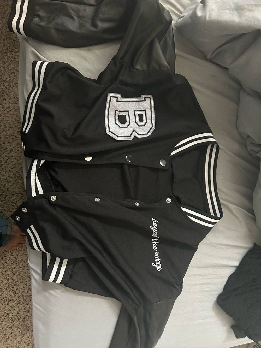 Black Varsity Letterman Jacket with White Trim and 'B' Patch